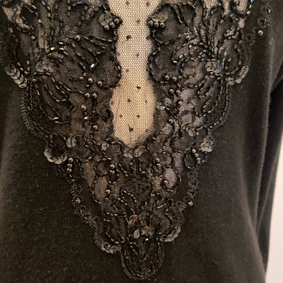 Kenar Black Lambs Wool Deep V Neck Sweater with Beading, & Lace / Womens Size M - Picture 5 of 12